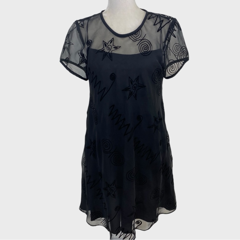 Vintage Black Sheer Abstract Star Swirl Mesh Mini Dress S/M